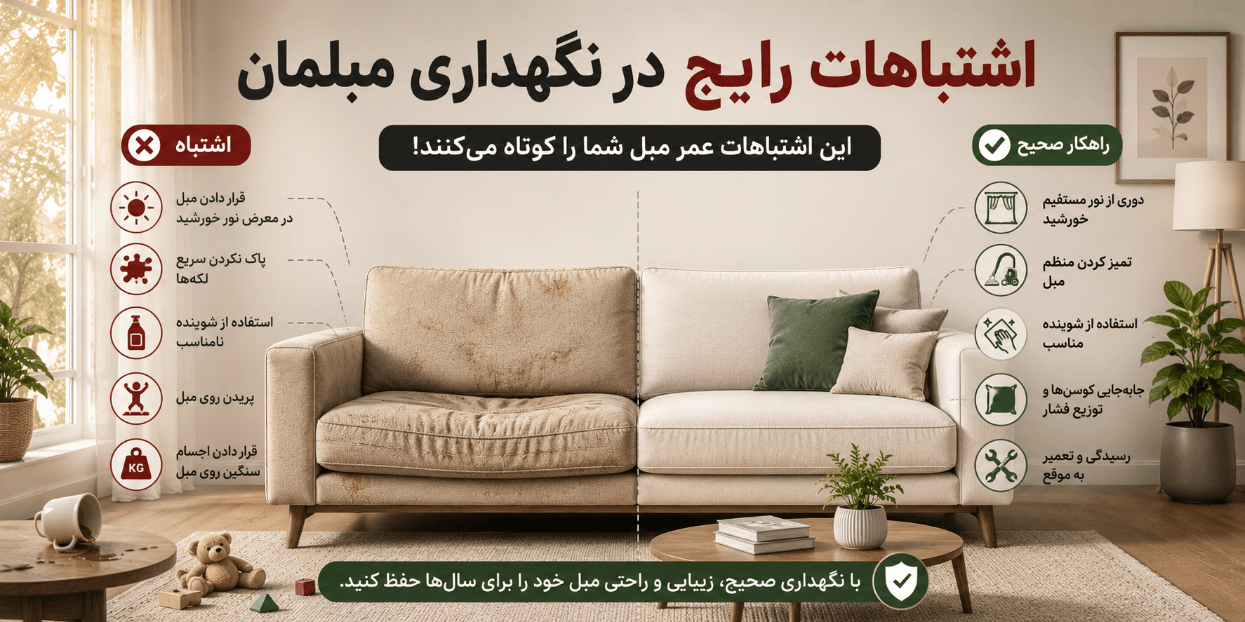 اشتباهات رایج در نگهداری مبلمان | ۱۵ اشتباه که عمر مبل را کاهش میدهد
